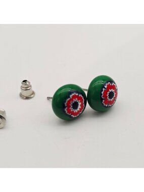 Round Green Millefiori Glass Stud Earrings With Red & White Floral Design